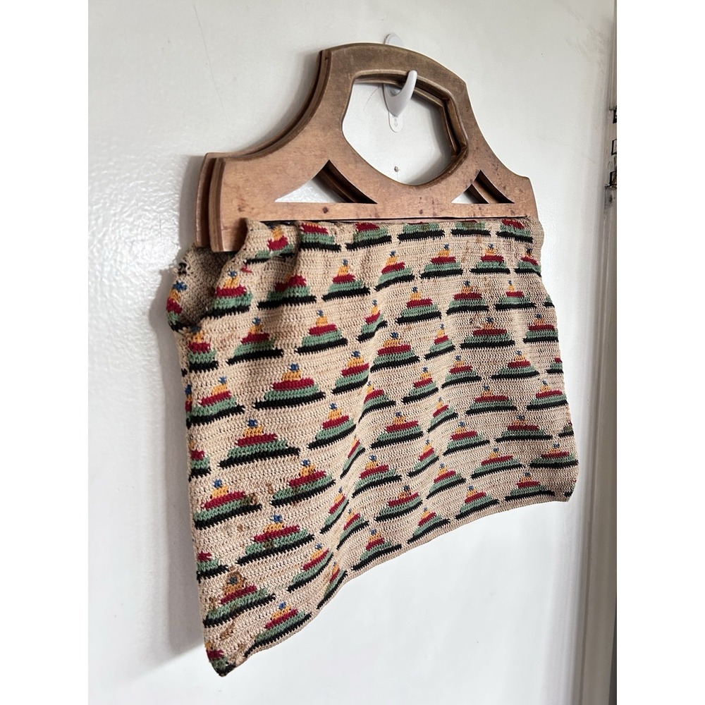 Vintage Tapestry Tight Knit Craft Bag Crochet Needlework Knitting Wood Handles - Picture 10 of 16
